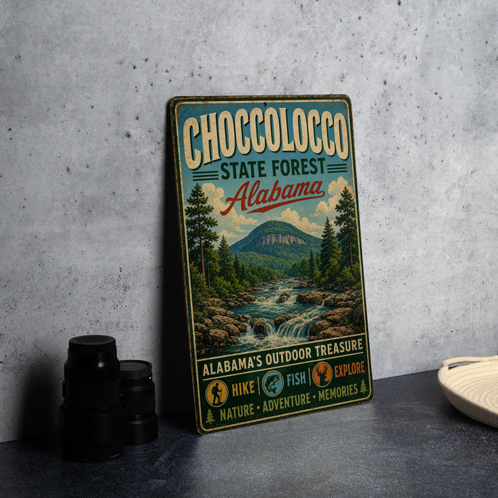A vintage-style metal sign for Choccolocco State Forest in Alabama, featuring a scenic illustration of a mountain, river, and forest.