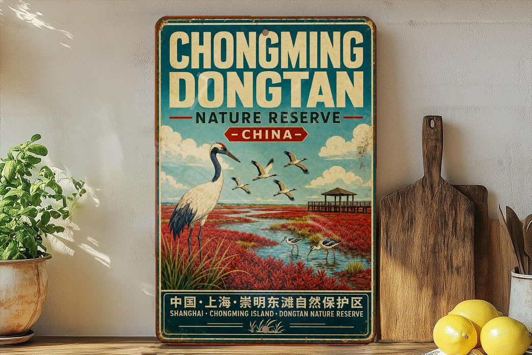 A vintage-style sign for the Hongming Don'tan Nature Reserve in China, featuring an illustration of a crane and a scenic landscape.