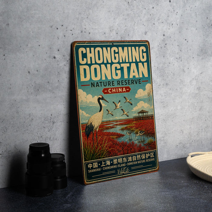 A vintage-style sign for the Hongming Don'tan Nature Reserve in China, featuring an illustration of a crane and a scenic landscape.