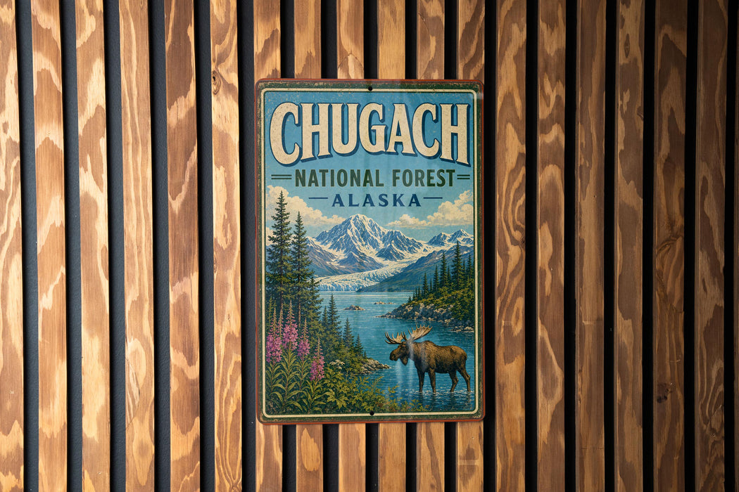 A vintage metal sign for Chugach National Forest in Alaska, featuring a moose and a snowy mountain landscape.