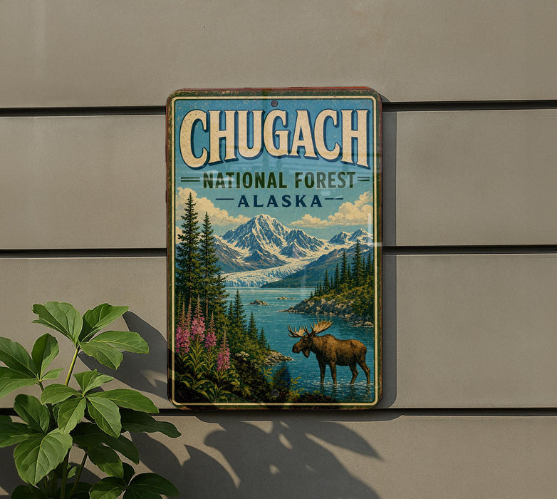 A vintage-style metal sign for Chugach National Forest in Alaska, featuring a moose in a forest setting with mountains in the background.