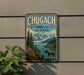 A vintage-style metal sign for Chugach National Forest in Alaska, featuring a moose in a forest setting with mountains in the background.