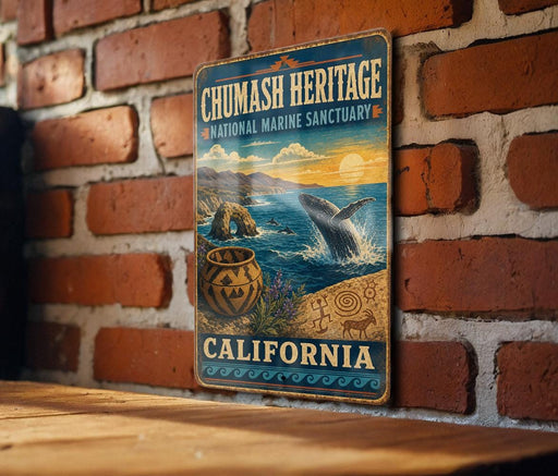 A metal sign with a colorful illustration of a whale, a basket, and a sunset over the ocean, mounted on a brick wall.