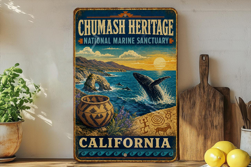 a vintage-style metal sign for the Chumash Heritage National Marine Sanctuary in California, with a whale leaping out of the water and a basket of woven baskets in the foreground.