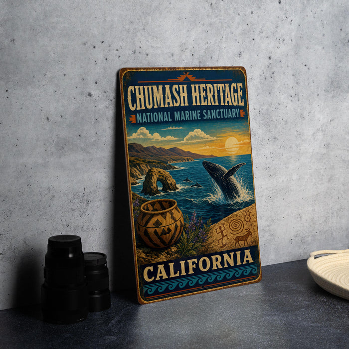 A vintage metal sign for the Chumash Heritage National Marine Sanctuary in California, featuring an illustration of a whale, a pot, and a sunset over the ocean.
