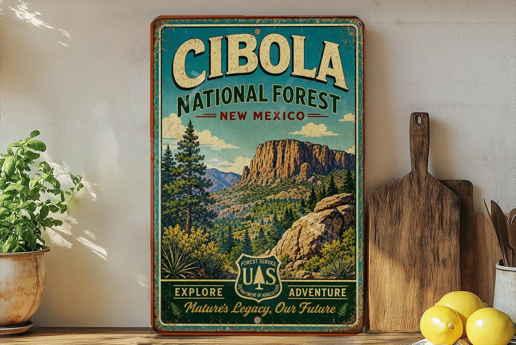 A vintage-style metal sign for the Cibola National Forest in New Mexico, featuring a scenic mountain landscape and the text "Cibola National Forest" and "New Mexico".
