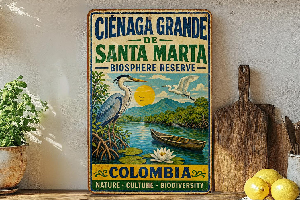 A vintage-style metal sign advertising the Cienaga Grande de Santa Marta Biosphere Reserve in Colombia, featuring a blue heron, a canoe, and a scenic landscape.