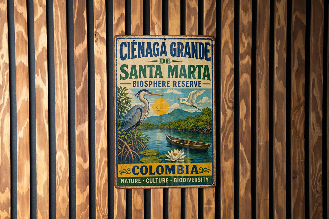 A vintage metal sign for Cienaga Grande de Santa Marta Biosphere Reserve in Colombia, featuring a blue heron, a boat, and a scenic landscape.