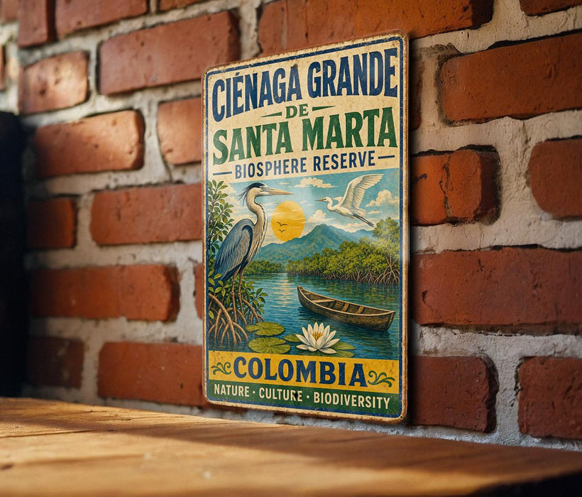 A vintage-style metal sign with a bird illustration and text, mounted on a brick wall.