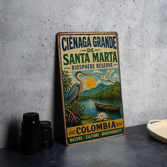 A vintage-style sign for the Cienaga Grande de Santa Marta Biosphere Reserve in Colombia, featuring a seagull, a boat, and a tropical landscape.