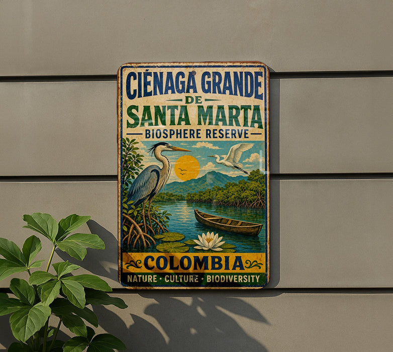 A vintage-style sign for the Cienaga Grande de Santa Marta Biosphere Reserve in Colombia, featuring a blue heron, a boat, and a scenic landscape.