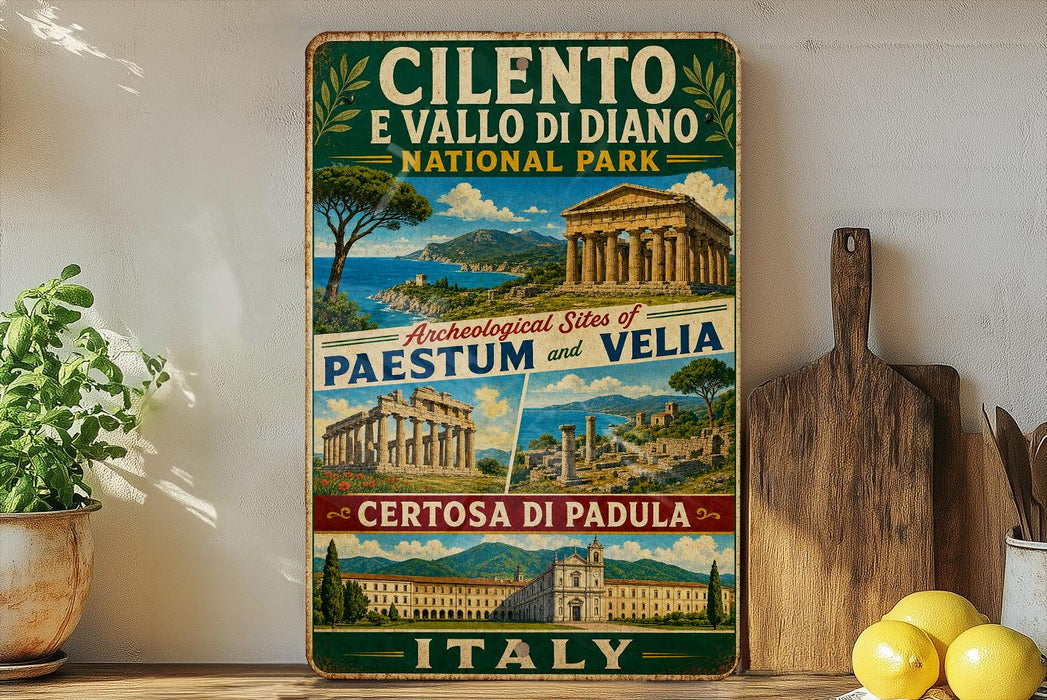 A vintage-style poster advertising the archaeological sites of Paestum and Velia in Italy, featuring images of ancient buildings and landscapes.