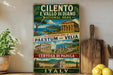 A vintage-style poster advertising the archaeological sites of Paestum and Velia in Italy, featuring images of ancient buildings and landscapes.