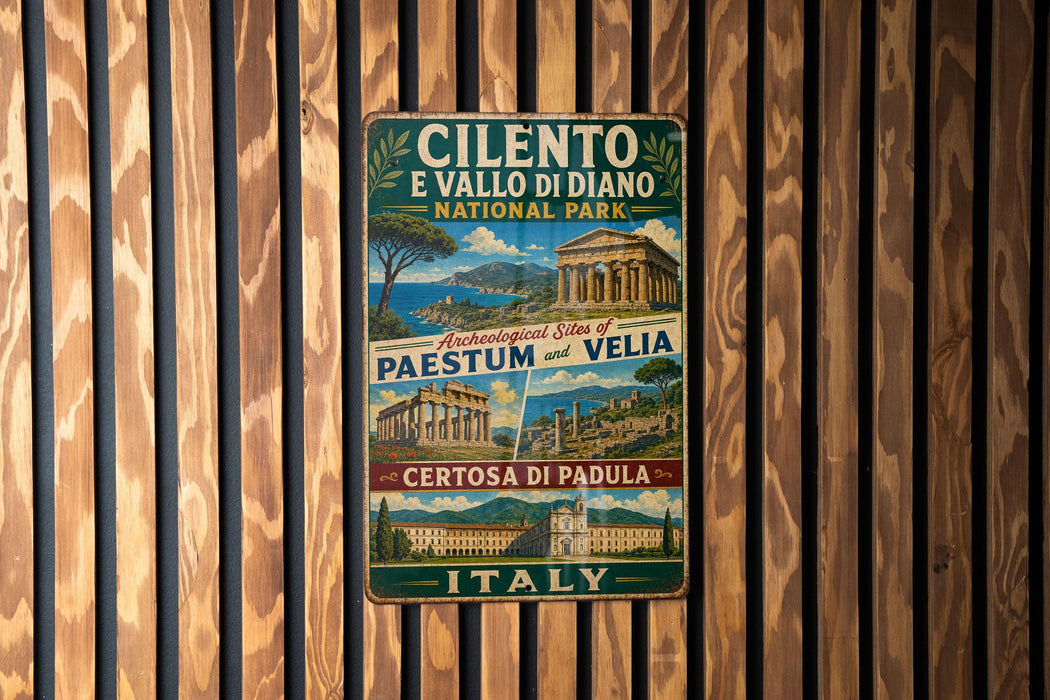 A vintage metal sign with text and images of ancient Roman architecture, including the Colosseum and other landmarks, is displayed on a wooden wall.