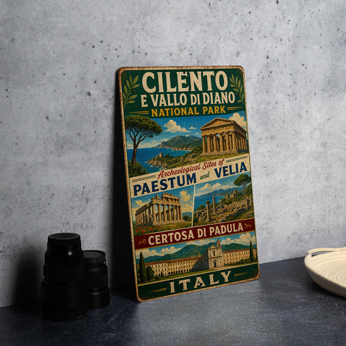 A vintage-style metal sign with illustrations of ancient buildings and landscapes, advertising the Cilento National Park in Italy.