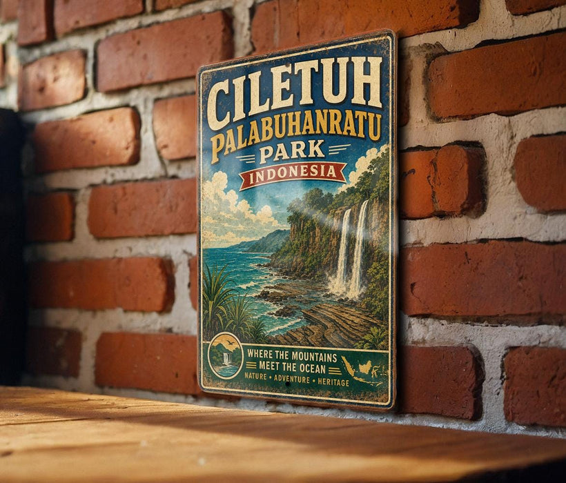 A vintage-style metal sign with the text "Cilletuh Palabuhanratu Park Indonesia" is displayed on a brick wall.