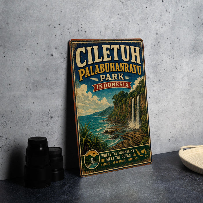 A vintage-style metal sign for Cilutuh Palabuhanratu Park in Indonesia, featuring a scenic landscape with waterfalls and mountains.