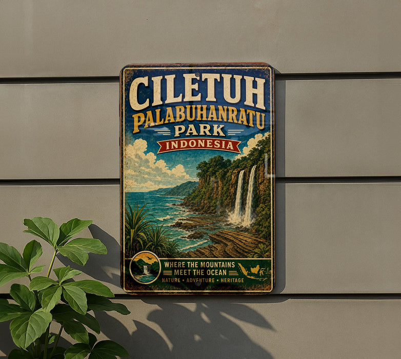 A vintage-style metal sign with text and a scenic illustration of a tropical landscape, mounted on a wall next to a plant.