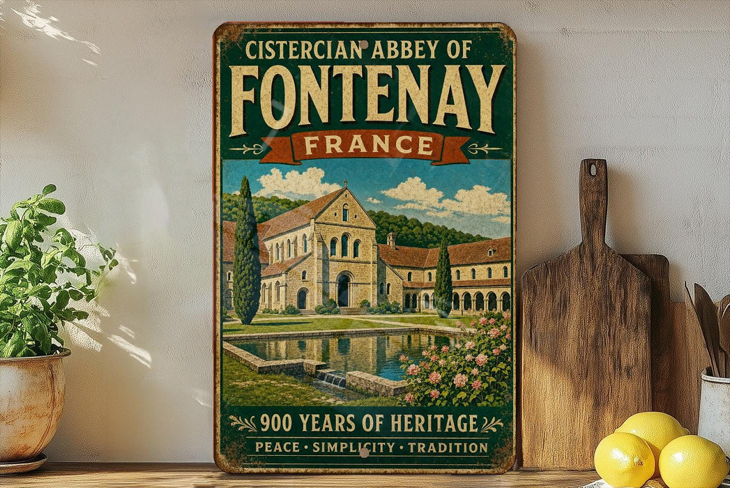 a vintage-style sign for the Cistercian Abbey of Fontenay, France, with a painting of the abbey and a pond in the foreground. The sign also includes text that reads "900 Years of Heritage" and "Peace - Simplicity - Tradition".