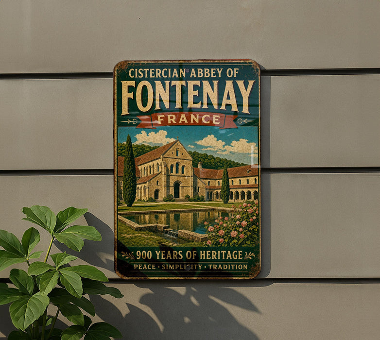 A metal sign with text and an illustration of a building, likely the Cistercian Abbey of Fontenay, France.