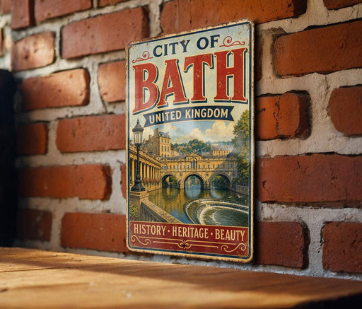 A vintage metal sign with the text "CITY OF BATH UNITED KINGDOM" and an illustration of a cityscape, mounted on a brick wall.
