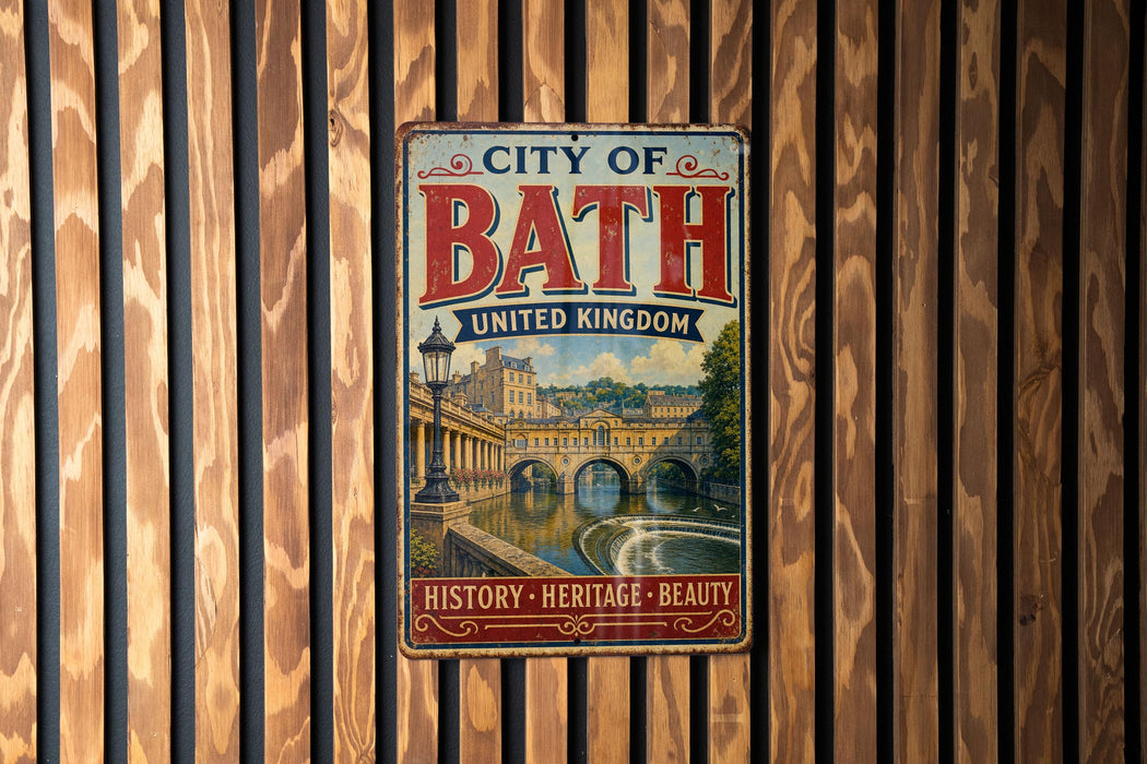 A vintage metal sign that reads "City of Bath United Kingdom" with a picture of a cityscape and a river, mounted on a wooden wall.