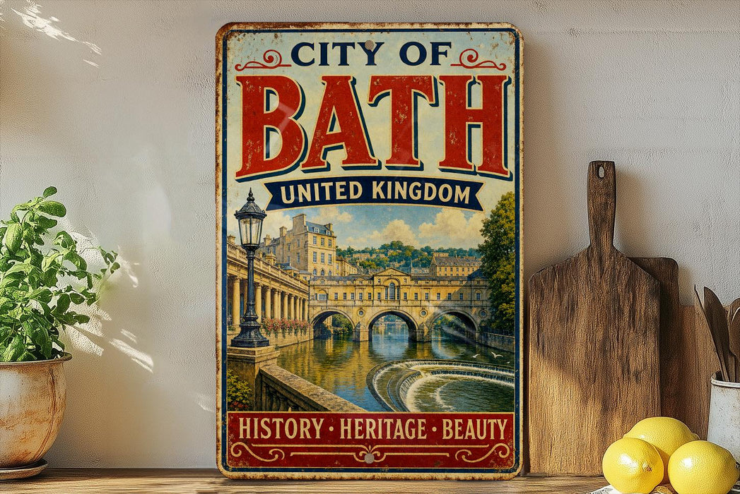 A vintage-style metal sign that reads "CITY OF BATH UNITED KINGDOM HISTORY - HERITAGE - BEAUTY" is displayed on a shelf next to a potted plant and a wooden cutting board.