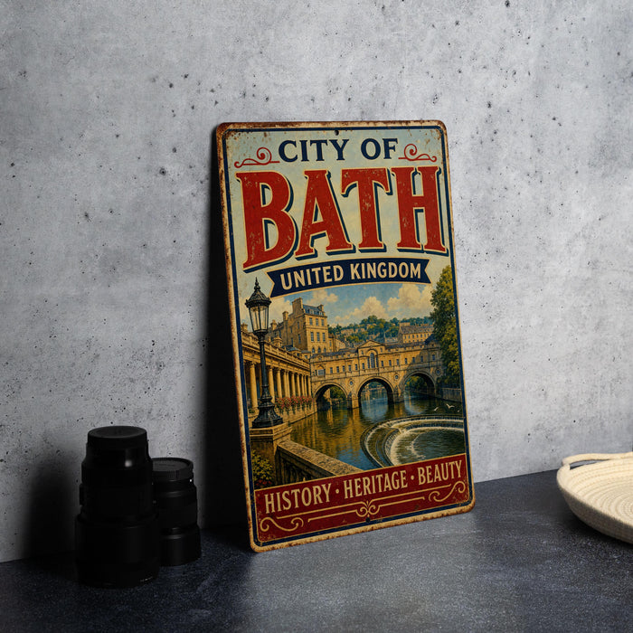 A vintage-style metal sign for the City of Bath, United Kingdom, featuring an illustration of Bath's historic architecture and a river.