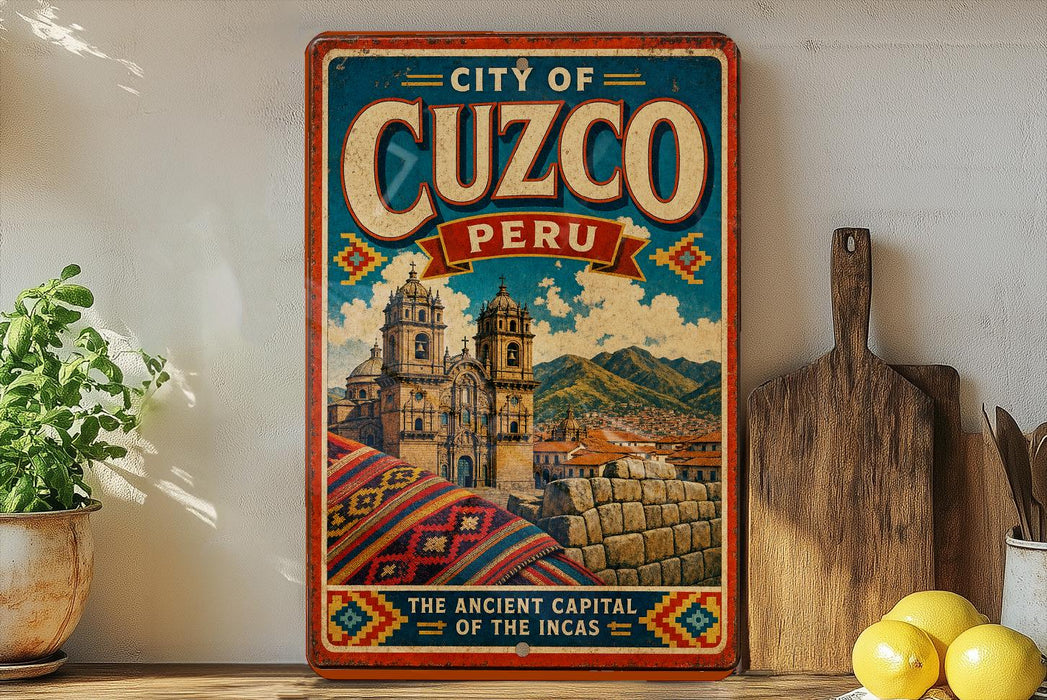 A vintage-style poster of Cuzco, Peru, featuring a colorful illustration of the city's landmarks and architecture, along with the text "City of Cuzco, Peru" and "The Ancient Capital of the Incas".