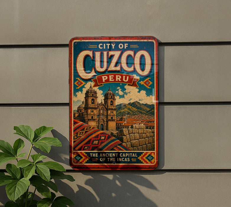 A vintage-style metal sign with the text "CITY OF CUZCO PERU" and an illustration of a historic building, likely representing the ancient capital of Peru.