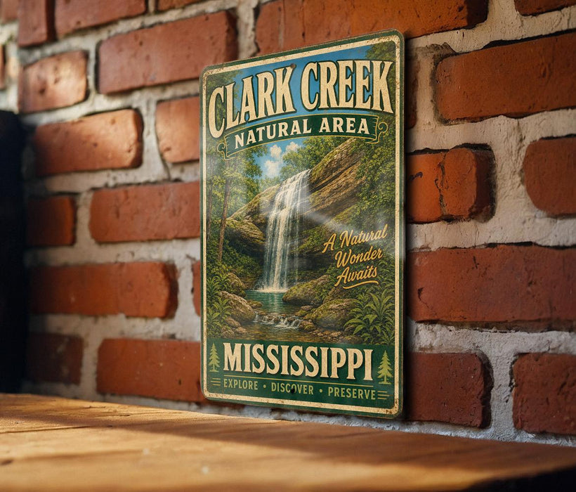 A vintage-style sign for Clark Creek Natural Area in Mississippi, featuring a waterfall and lush greenery.