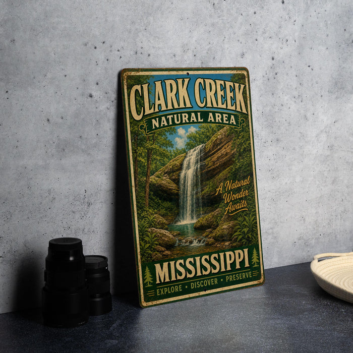 A vintage-style metal sign for Clark Creek Natural Area in Mississippi, featuring a waterfall and lush greenery.