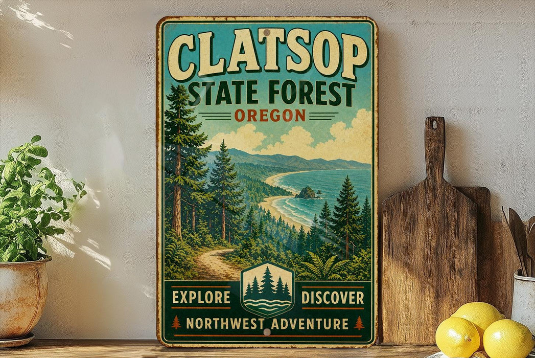 A vintage-style sign for Clatsop State Forest in Oregon, featuring a scenic landscape with pine trees, mountains, and a beach.