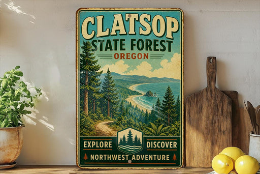 A vintage-style sign for Clatsop State Forest in Oregon, featuring a scenic landscape with pine trees, mountains, and a beach.