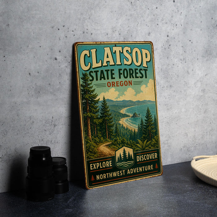 A vintage-style metal sign for Clatsop State Forest in Oregon, featuring a scenic illustration of the forest and a beach.