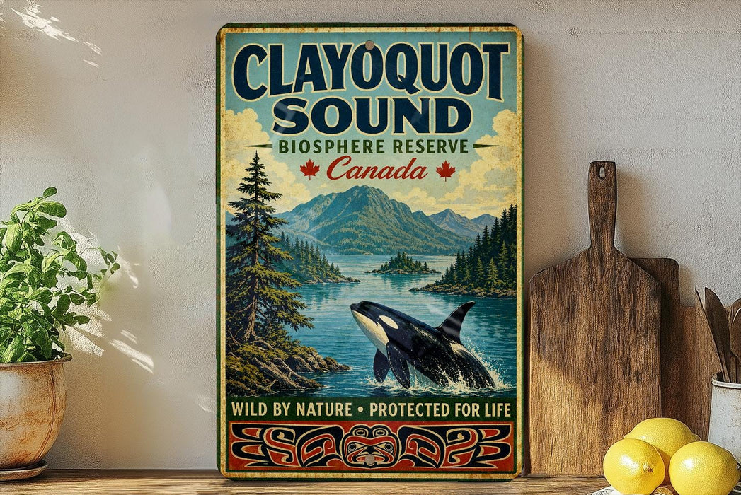 A vintage-style sign for Clayoquot Sound, a wildlife reserve in Canada, featuring a black and white orca whale leaping out of the water.