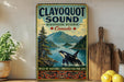 A vintage-style sign for Clayoquot Sound, a wildlife reserve in Canada, featuring a black and white orca whale leaping out of the water.