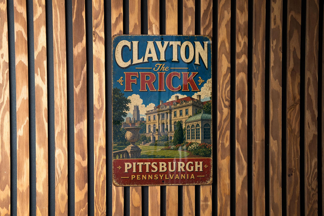 A vintage metal sign with the text "Clayton the Frick" and "PITTSBURGH PENNSYLVANIA" is displayed on a wooden wall.