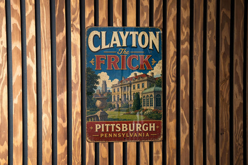 A vintage metal sign with the text "Clayton the Frick" and "PITTSBURGH PENNSYLVANIA" is displayed on a wooden wall.