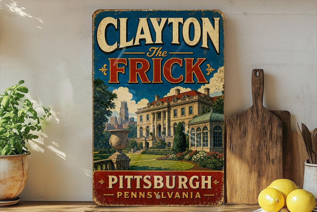 A vintage-style sign for Clayton, the Frick, located in Pittsburgh, Pennsylvania.