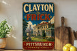 A vintage-style sign for Clayton, the Frick, located in Pittsburgh, Pennsylvania.