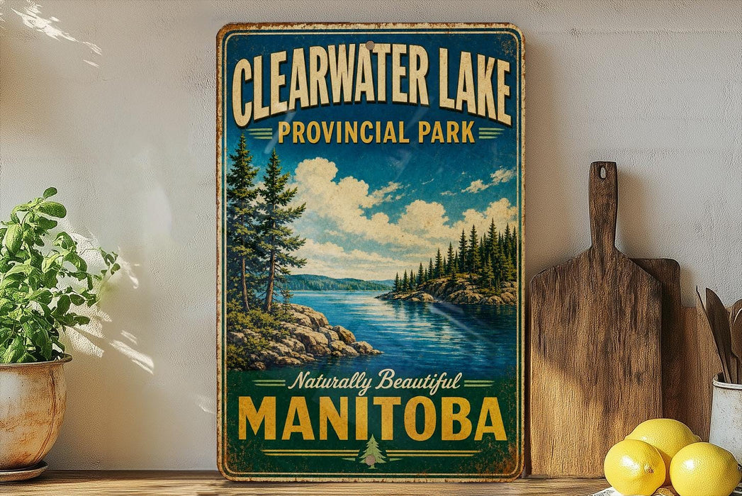 a vintage-style sign for Clearwater Lake Provincial Park in Manitoba, Canada, with a scenic landscape of pine trees, a lake, and mountains in the background.