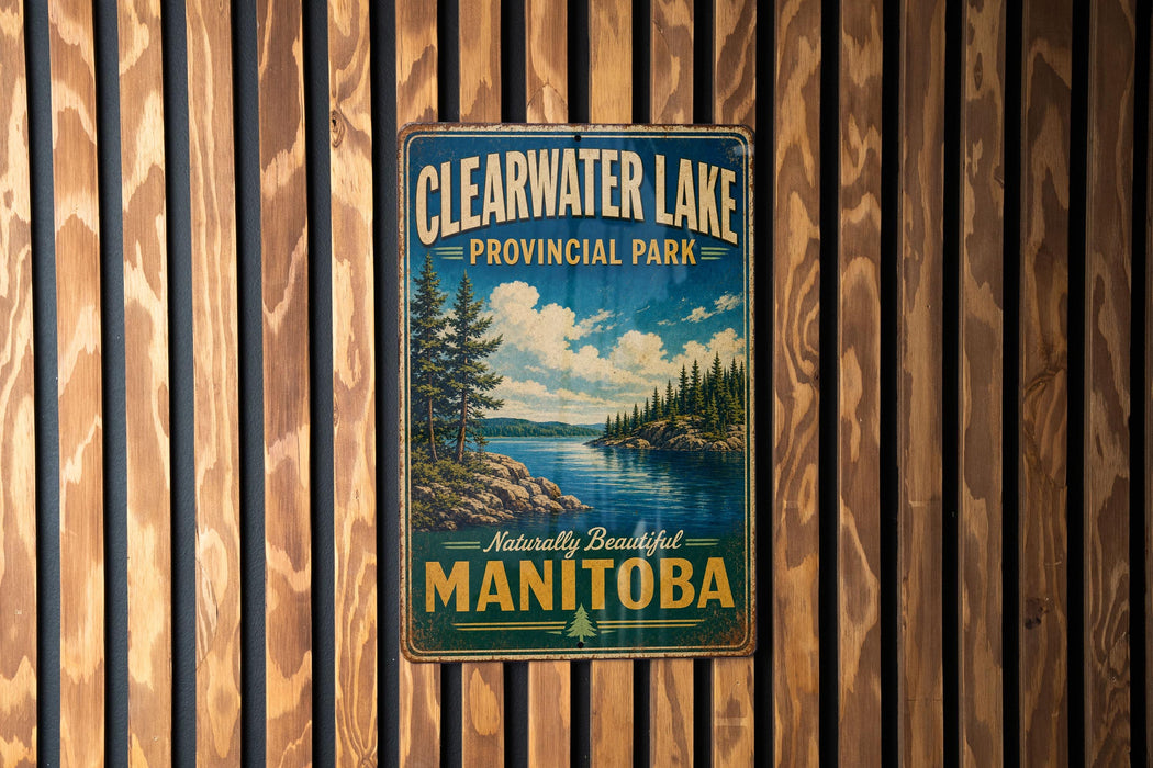 A vintage metal sign for Clearwater Lake, located in Manitoba, Canada.