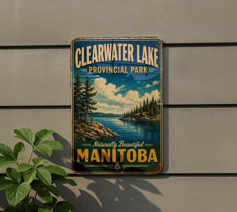 A vintage metal sign for Clearwater Lake, located in Manitoba, Canada.