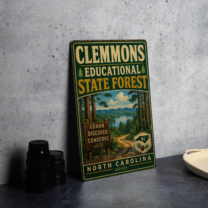 A vintage-style metal sign for Clemmons Educational State Forest in North Carolina, featuring a scenic image of a forest and a sign that says "Learn Discover Conserve".