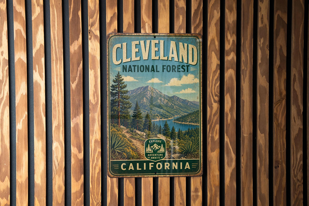 A vintage metal sign for Cleveland National Forest in California, featuring a scenic mountain landscape.