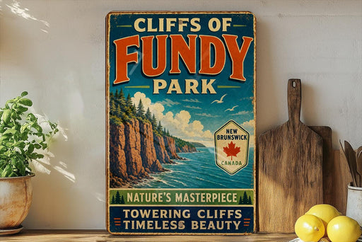 A vintage-style sign for Cliffs of Fundy Park, featuring a scenic image of the park's cliffs and surrounding nature.