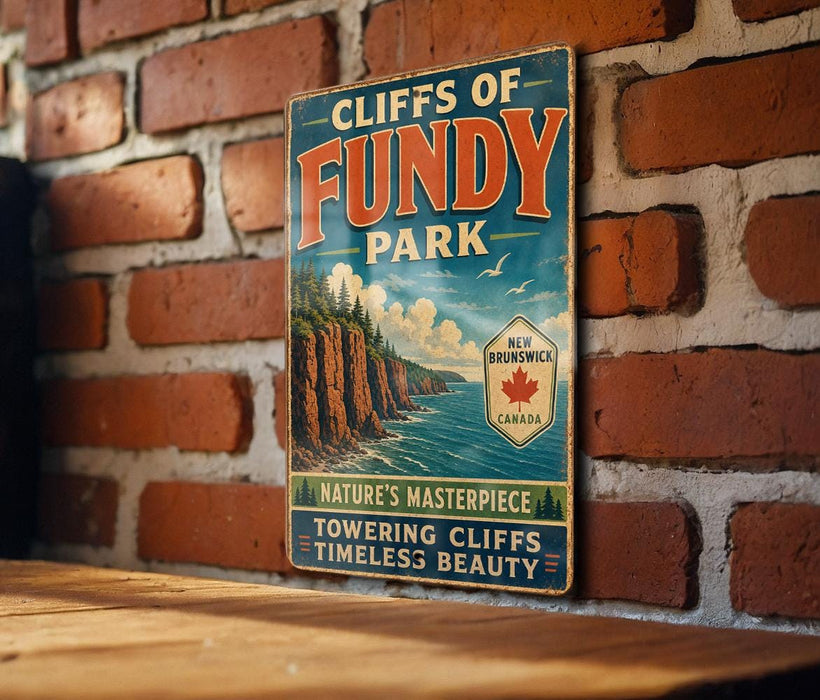 A vintage-style sign for Cliffs of Fundy Park, featuring a scenic image of the park's cliffs and surrounding nature.