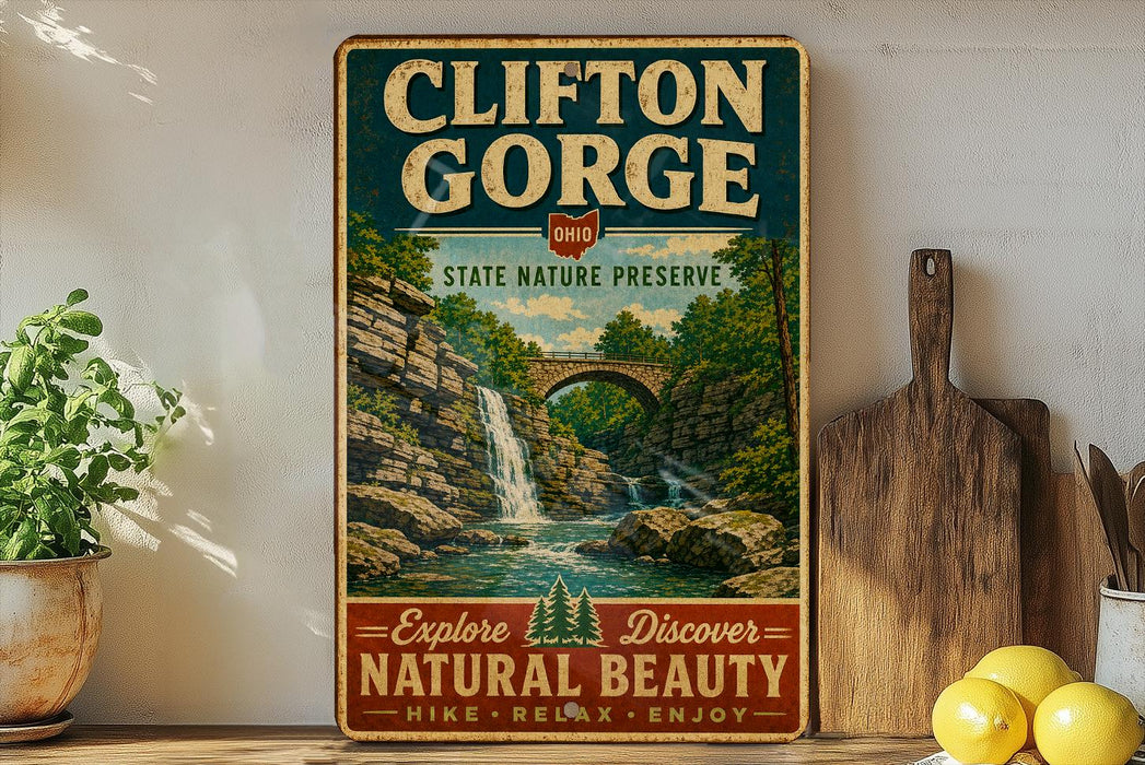 A vintage-style poster advertising Clifton Gorge, a state nature preserve in Ohio, featuring a scenic waterfall and lush greenery.