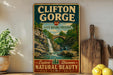A vintage-style poster advertising Clifton Gorge, a state nature preserve in Ohio, featuring a scenic waterfall and lush greenery.